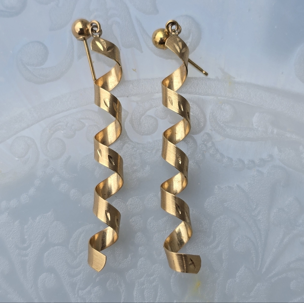 Twisted Spiral Swirl Earrings 14K Yellow Gold Drop Dangle